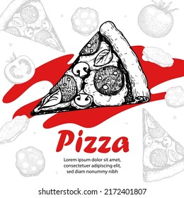 Plantilla de diseño de pizza italiana. Pizza Pepperoni rebanada en forma de sketch a mano e ingredientes de pizza en un estilo moderno y plano. Lo mejor para folletos, diseños de menús, , banners, paquetes y otros. 