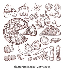 Italian pizza with different ingredients. Vector doodle set pizza and cheese, tomato vegetable and ingredient illustration