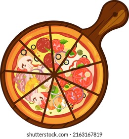 Italian pizza different slices on wooden tray cartoon icon