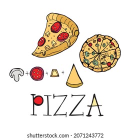 Italian Pizza doodle illustration. Lettering. Vector sketch illustration.