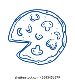 Pizza italiana em estilo doodle. Esboço de comida de giz azul desenhado à mão. Itália ingredientes para prato menu, café, restaurante, casamento, impressão, convite. Adesivo plano minimalista. Iluminador de vetor de carvão