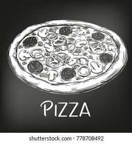 Italian pizza , drawn in white chalk on a black background, Pizza design template, logo, hand drawn vector illustration realistic sketch