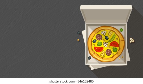 Italian pizza fast-food in open boxx. vector illustration. Transparent objects used for lights and shadows drawing.