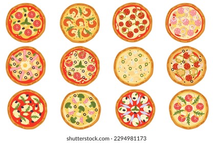 Italian pizza flat illustrations. Ingredients for creating tasty fast food. Margarita, double cheese and seafood pizzas recipes. Delicious dishes design elements