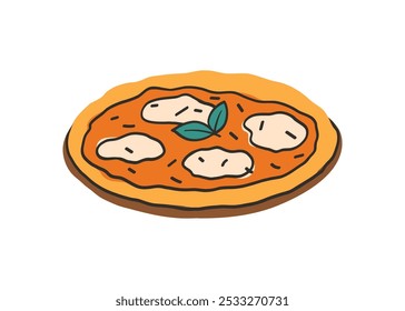 Italian pizza in a flat style. Pizza Margarita. Dish in a wood plate. Colorful bright vector illustration in modern style isolated on a white background