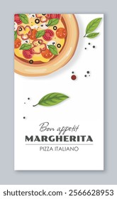 Italian pizza flyer. Poster with margherita. Traditional Italian cuisine. Fast food and takeaway eating. Dessert and delicacy. Flat vector illustration isolated on grey background