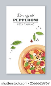 Italian pizza flyer. Poster with pepperoni. Traditional Italian cuisine. Hot food and takeaway eating. Booklet and leaflet. Flat vector illustration isolated on grey background