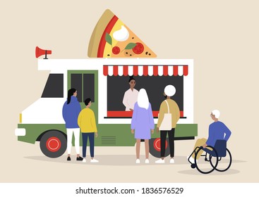 An Italian pizza food truck, people ordering and waiting their takeaway food