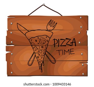 Italian pizza and fork and knife on wooden plank background. Pizza fast food, cartoon. Hand drawn vector illustration.
