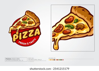 Italian Pizza Fresh Logo with realistic pizza vector illustration is highly suitable for any pizza related restaurant, fast food, delivery, bistro, catering and Italian food related businesses.