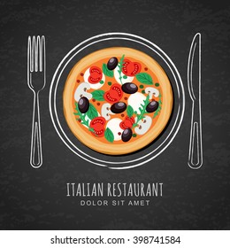 Italian pizza and hand drawing outline watercolor dish, fork and knife on textured black chalkboard background. Vector design for italian restaurant menu, cafe, pizzeria. Fast food background.