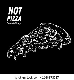 Italian Pizza hand drawn illustration. Pizza slice. Packaging design template. Sketch illustration.