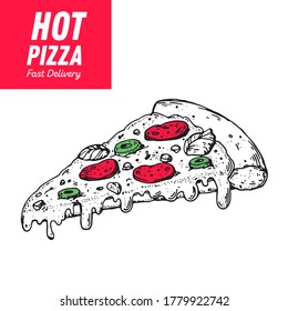 Italian Pizza hand drawn illustration. Pizza slice. Packaging design template. Sketch illustration.