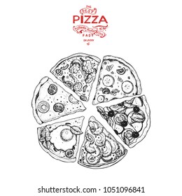 Italian Pizza hand drawn vector illustration. Pizza slices in a circle. Packaging design template. Sketch illustration.