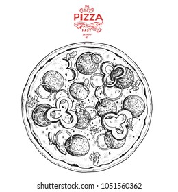 Italian Pizza hand drawn vector illustration. Pizza circle. Packaging design template. Sketch illustration.