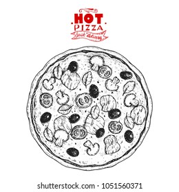 Italian Pizza hand drawn vector illustration. Pizza circle. Packaging design template. Sketch illustration.