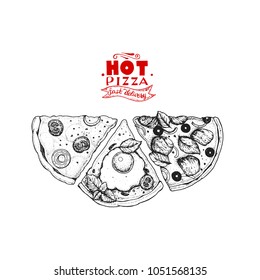 Italian Pizza hand drawn vector illustration. Pizza slices label. Packaging design template. Sketch illustration.