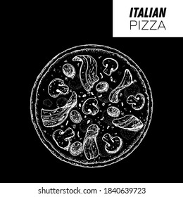 Italian Pizza hand drawn vector illustration. Pizza top view. Packaging design template. Sketch illustration.