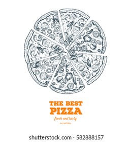 Italian Pizza hand drawn vector illustration. Pizza slices in a circle. Design template.