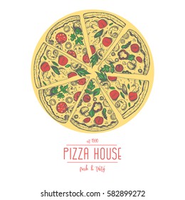 Italian Pizza hand drawn vector illustration. Pizza slices in a circle. Design template.