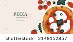 Italian pizza horizontal design template. Pizza Margherita with tomatoes and mozzarella. Vector illustration.