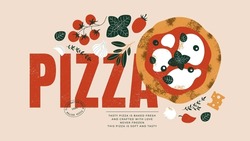 Italian Pizza Horizontal Design Template. Pizza Margherita With Tomatoes And Mozzarella. Vector Illustration