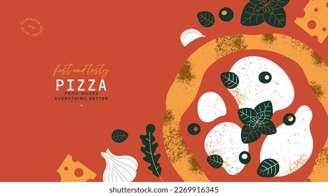 Plantilla de diseño horizontal de pizza italiana. Pizza Margherita con tomates y mozzarella. Ilustración vectorial.
