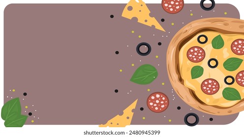 Plantilla de diseño Horizontal de pizza italiana. Anuncio de comida con pizza con salami, queso, albahaca y aceitunas. Se puede utilizar en publicidad de restaurantes, pizzería, entrega, como Plantilla de menú. Vector