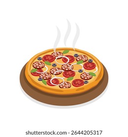 Italian pizza. Hot pizza on a wooden plate. 3d vector isometric illustration isolated on white background.