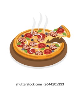 Italian pizza. Hot pizza on a wooden plate, cut off piece. 3d vector isometric illustration isolated on white background.