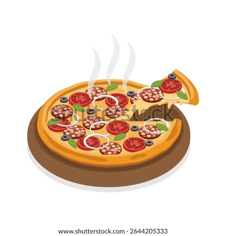 Italian pizza. Hot pizza on a wooden plate, cut off piece. 3d vector isometric illustration isolated on white background.