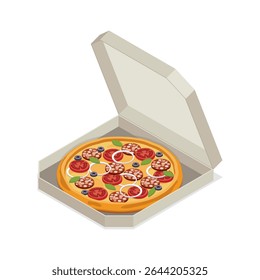 Italian pizza. Hot pizza in slightly open cardboard delivery box. 3d vector isometric illustration isolated on white background.