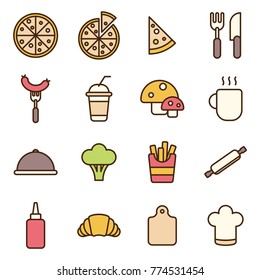 Italian pizza icons set. Minimalist pizza cooking related icon contain pizza slice, mushroom, sausage, bread, etc.