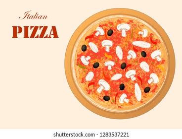 italian pizza image for menu or recipe or pizza delivery, horizontal vector illustration