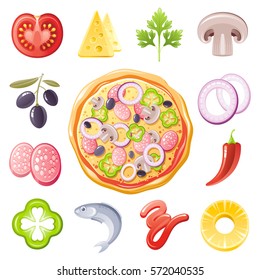 Italian Pizza ingredient icons. Fastfood food vector icon set isolated background. Meal flat symbol illustration. Tomato, cheese, parsley, mushroom, olive, onion, sausage, hot chili pepper, ketchup