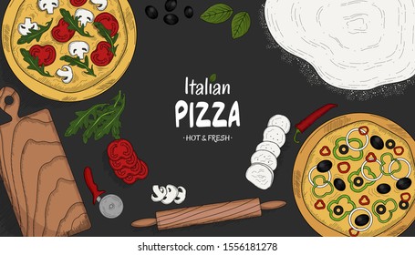 Italian pizza, ingredients and cooking items, top view. Food menu design template. Vintage hand drawn sketch, vector illustration. Engraved style illustration. Pizza label for menu. Pizza shop design.
