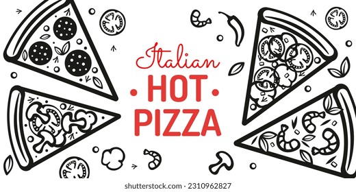 Italian pizza and ingredients. Italian cuisine banner design template. Pizzeria banner design template. Vintage hand-drawn sketch of vector illustration.