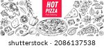 Italian pizza and ingredients. Italian food menu design template. Pizzeria menu design template. Vintage hand drawn sketch vector illustration. Engraved image.