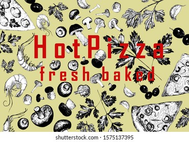 Italian pizza and ingredients. Italian food menu design template. Vintage hand drawn sketch, vector illustration