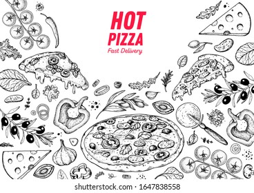 Italian pizza and ingredients. Italian food menu design template. Pizzeria menu design template. Vintage hand drawn sketch vector illustration. Engraved image.