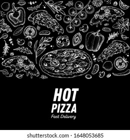 Italian pizza and ingredients. Italian food menu design template. Pizzeria menu design template. Vintage hand drawn sketch vector illustration. Engraved image.