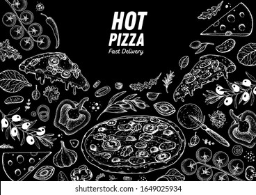 Italian pizza and ingredients. Italian food menu design template. Pizzeria menu design template. Vintage hand drawn sketch vector illustration. Engraved image.