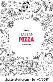 Italian pizza and ingredients. Italian food menu design template. Pizzeria menu design template. Vintage hand drawn sketch vector illustration. Engraved image.