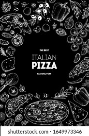Italian pizza and ingredients. Italian food menu design template. Pizzeria menu design template. Vintage hand drawn sketch vector illustration. Engraved image.