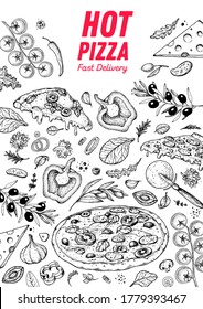 Italian pizza and ingredients. Italian food menu design template. Pizzeria menu design template. Vintage hand drawn sketch vector illustration. Engraved image.