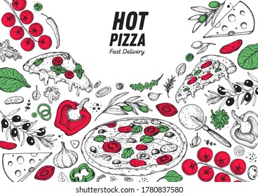 Italian pizza and ingredients. Italian food menu design template. Pizzeria menu design template. Vintage hand drawn sketch vector illustration. Engraved image.