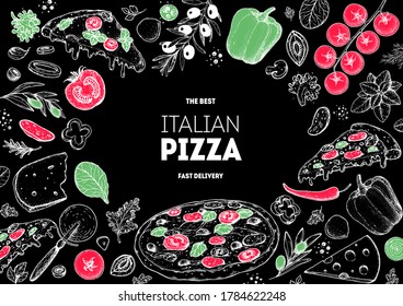 Italian pizza and ingredients. Italian food menu design template. Pizzeria menu design template. Vintage hand drawn sketch vector illustration. Engraved image.