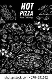 Italian pizza and ingredients. Italian food menu design template. Pizzeria menu design template. Vintage hand drawn sketch vector illustration. Engraved image.