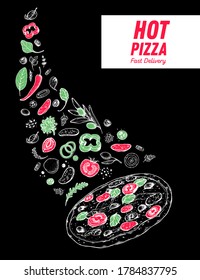 Italian pizza and ingredients. Italian food menu design template. Italian food, pizzeria menu design template. Vintage hand drawn sketch vector illustration. Engraved image.