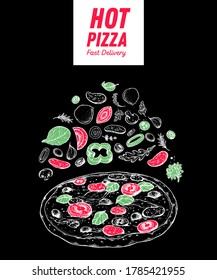 Italian pizza and ingredients. Italian food menu design template. Italian food, pizzeria menu design template. Vintage hand drawn sketch vector illustration. Engraved image.